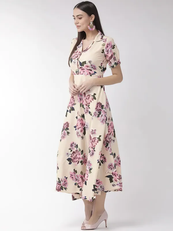 Cream-Coloured_&_Pink_Floral_Print_Shirt_Collar,Puff_Sleeves_Maxi_Dress